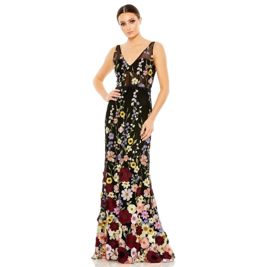 Mac Duggal 68200 Floral Embroidered Tulle Sleeveless V Neck A Line Gown